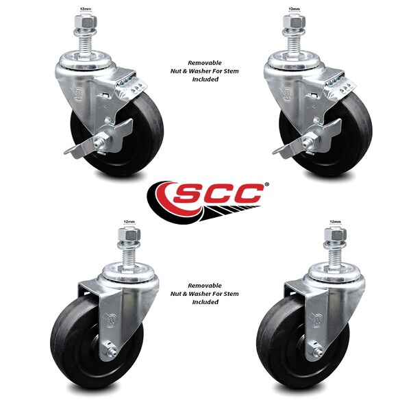 Service Caster 4 Inch Soft Rubber Wheel Swivel 12mm Threaded Stem Caster Brakes SCC, 2PK SCC-TS20S414-SRS-M1215-2-TLB-2 - main